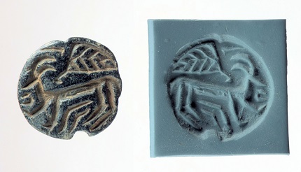 sm stamp seal and modern impression. horned animal and bird6th 5th millennium b.c. northern syria or southeastern anatolia. ubaid period. metropolitan museum of art