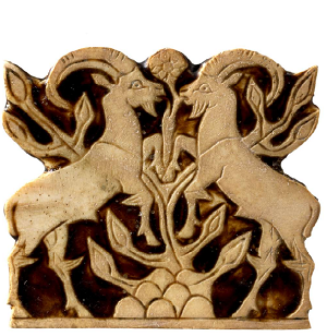 Shell inlay of two standing goats